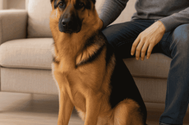 *Healthy German Shepherd relaxing with owner after consistent use of supplements for joints and coat*