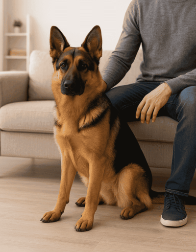 *Healthy German Shepherd relaxing with owner after consistent use of supplements for joints and coat*