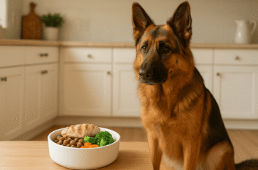 *Bowl with kibble and homemade dog food mixed together for balanced German Shepherd diet*
