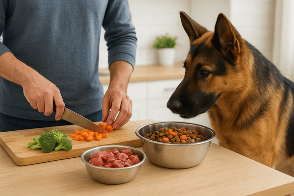 *Owner giving a German Shepherd joint supplement chew with glucosamine and MSM*