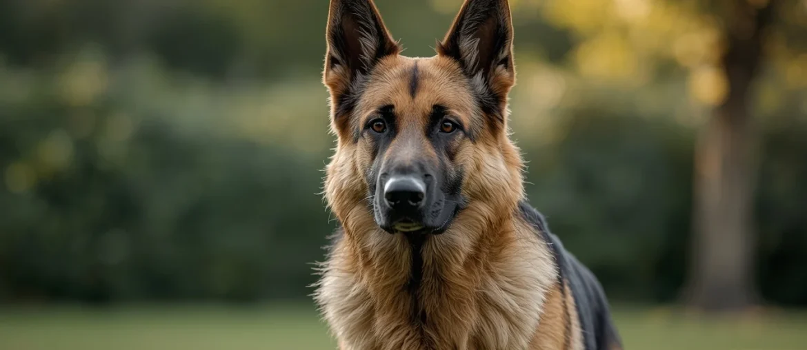 German Shepherd with thick double coat shedding fur in natural outdoor setting