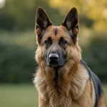 German Shepherd with thick double coat shedding fur in natural outdoor setting