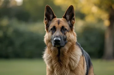 German Shepherd with thick double coat shedding fur in natural outdoor setting