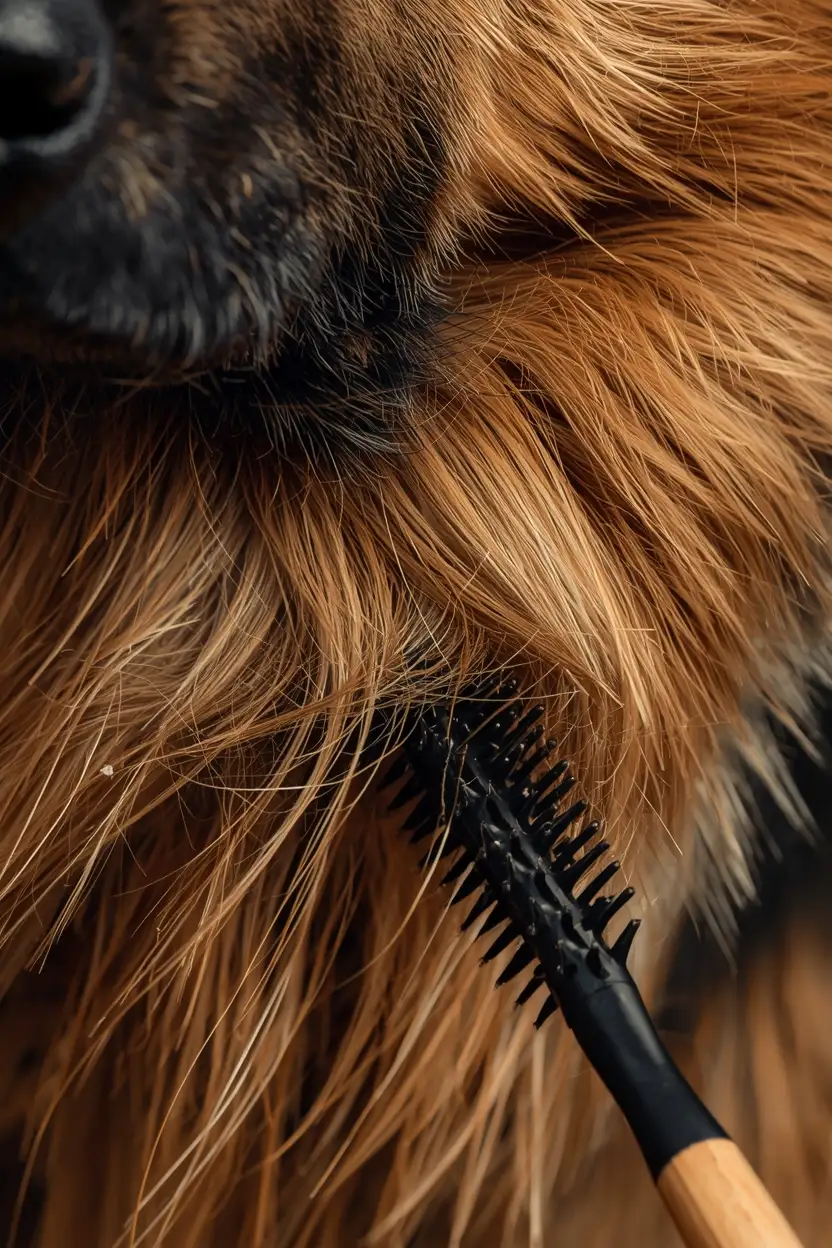 Using undercoat rake to remove loose fur from German Shepherd