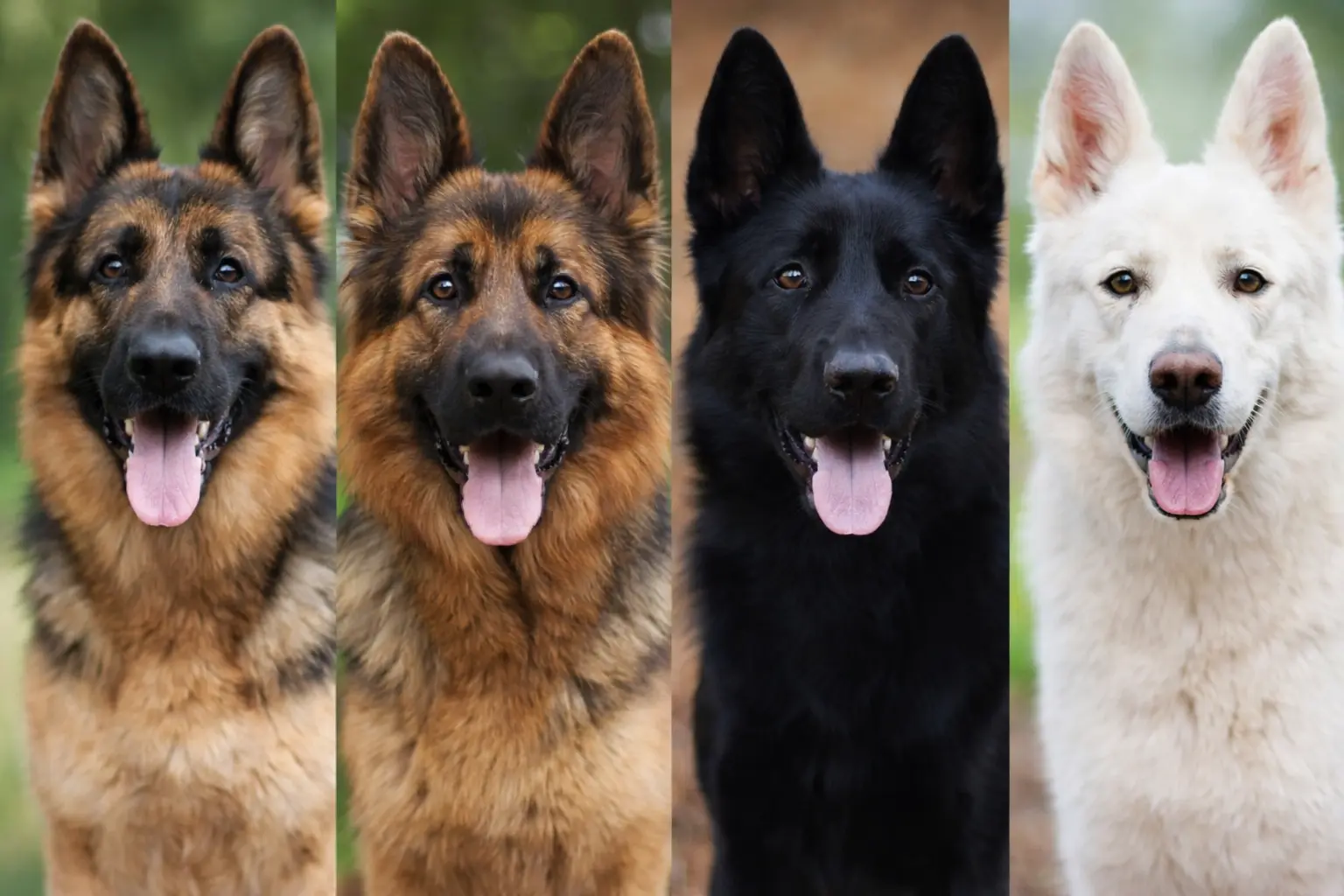 German Shepherd colors comparison showing_black_and_tan_sable_solid_black_and_white_variations