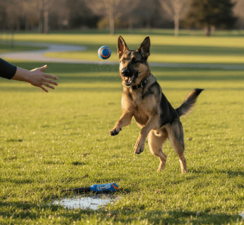 German-Shepherd playing-fetch-with durable-ChuckIt-Ultra-Ball
