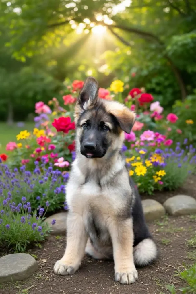 5-month-old German Shepherd adolescent with one ear up and one ear flopping sideways 