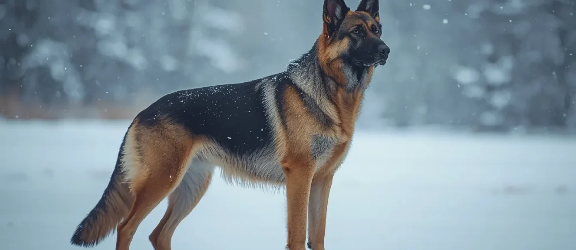 German Shepherd standing in snowy winter landscape with cold weather conditions