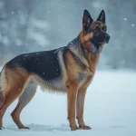 German Shepherd standing in snowy winter landscape with cold weather conditions