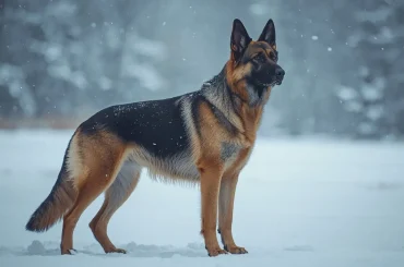 German Shepherd standing in snowy winter landscape with cold weather conditions