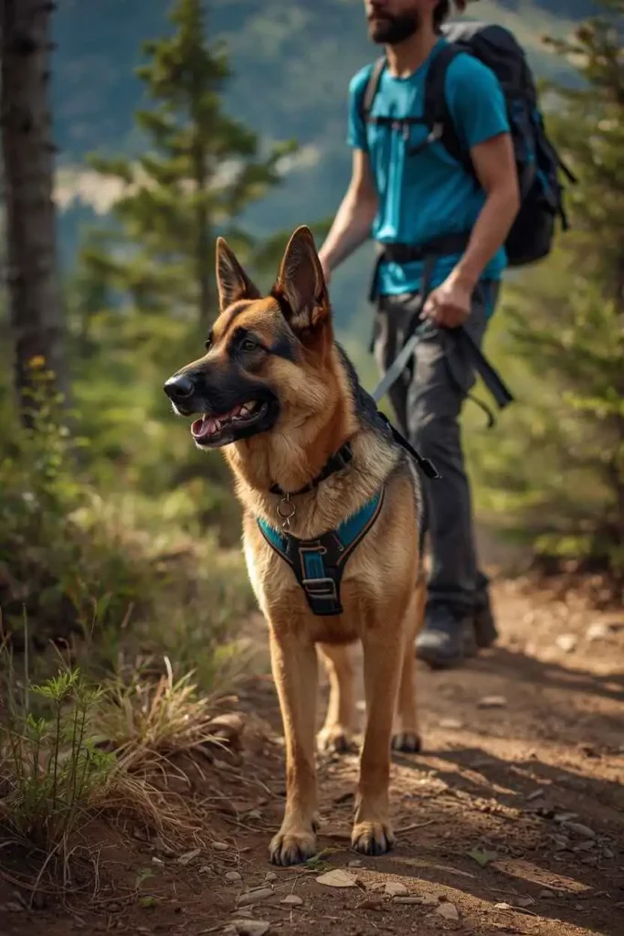 Adult German Shepherd hiking on natural trail showing ideal physical exercise activity for peak performance years