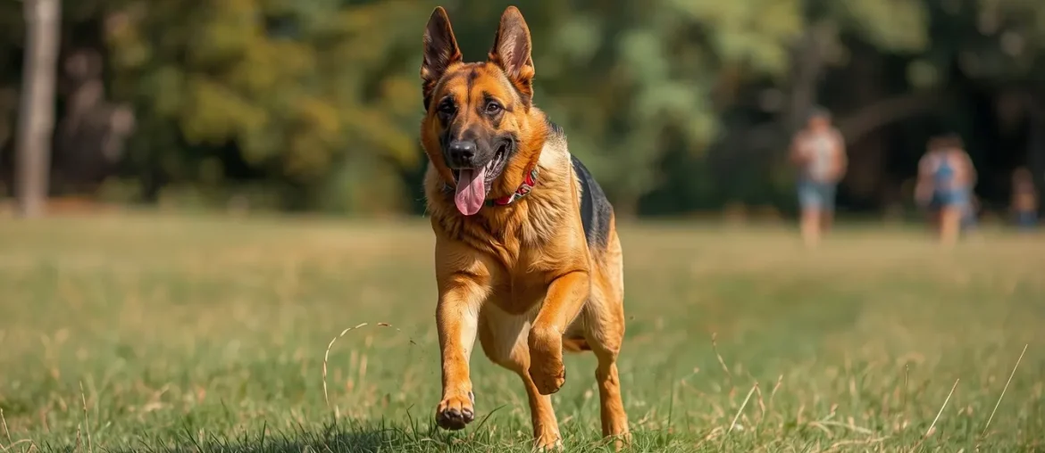 Athletic German Shepherd running energetically through grass field demonstrating high exercise requirements and natural athleticism