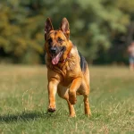 Athletic German Shepherd running energetically through grass field demonstrating high exercise requirements and natural athleticism