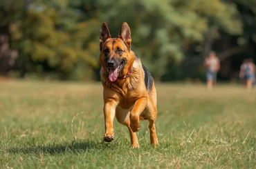Athletic German Shepherd running energetically through grass field demonstrating high exercise requirements and natural athleticism