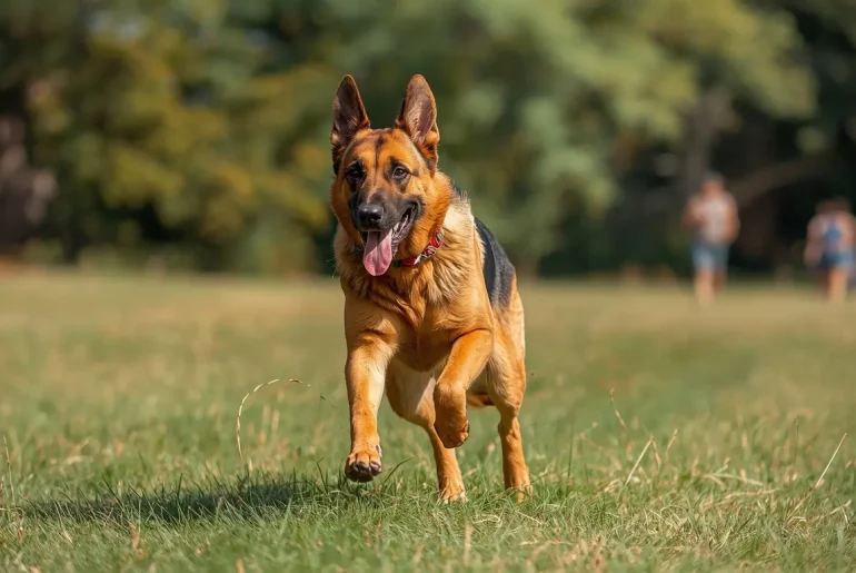 Athletic German Shepherd running energetically through grass field demonstrating high exercise requirements and natural athleticism