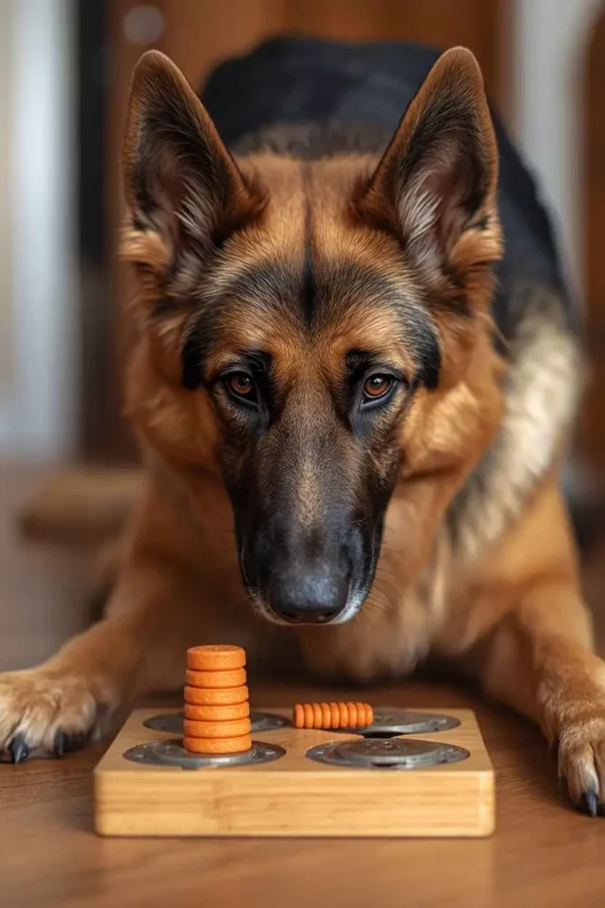 German Shepherd engaged in mental stimulation puzzle toy 