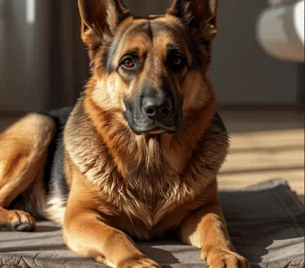 German-Shepherd-lying-calmly-on-bed-during-place-command-training-indoors
