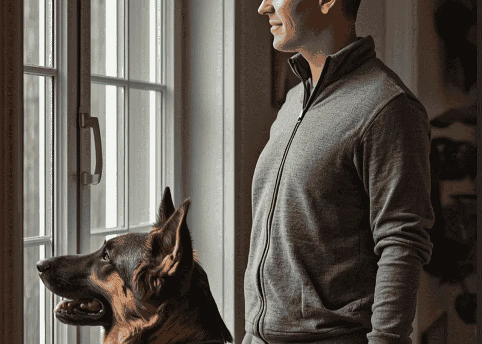 Owner-calmly-acknowledging-German-Shepherd-alert-barking-during training-at-home