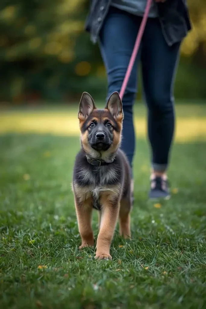 German Shepherd puppy on controlled short walk demonstrating safe exercise for growing joints and developing growth plates