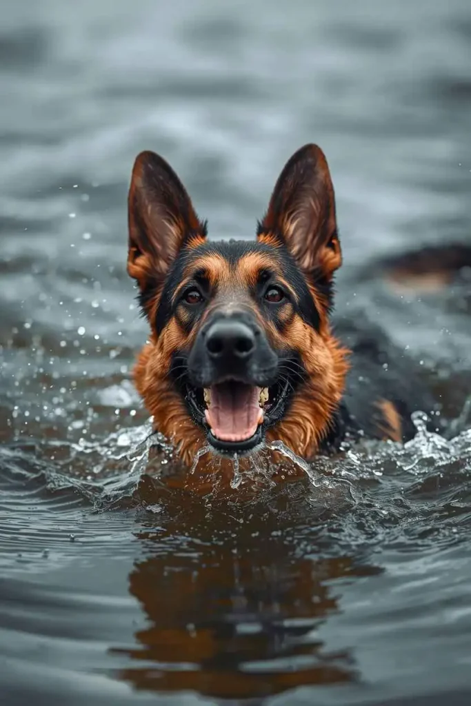 German Shepherd swimming in water