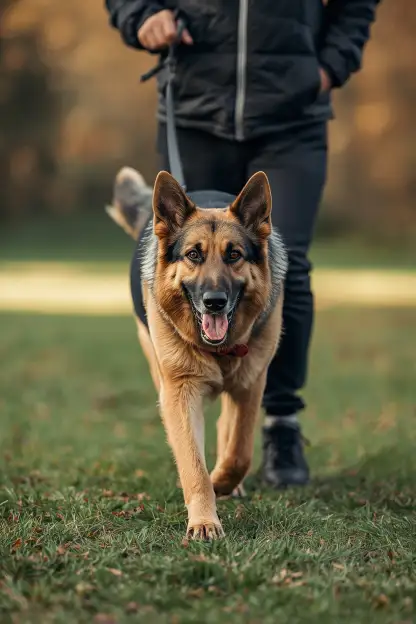 senior German Shepherd on gentle walk showing age-appropriate exercise modifications for older dogs with joint considerations